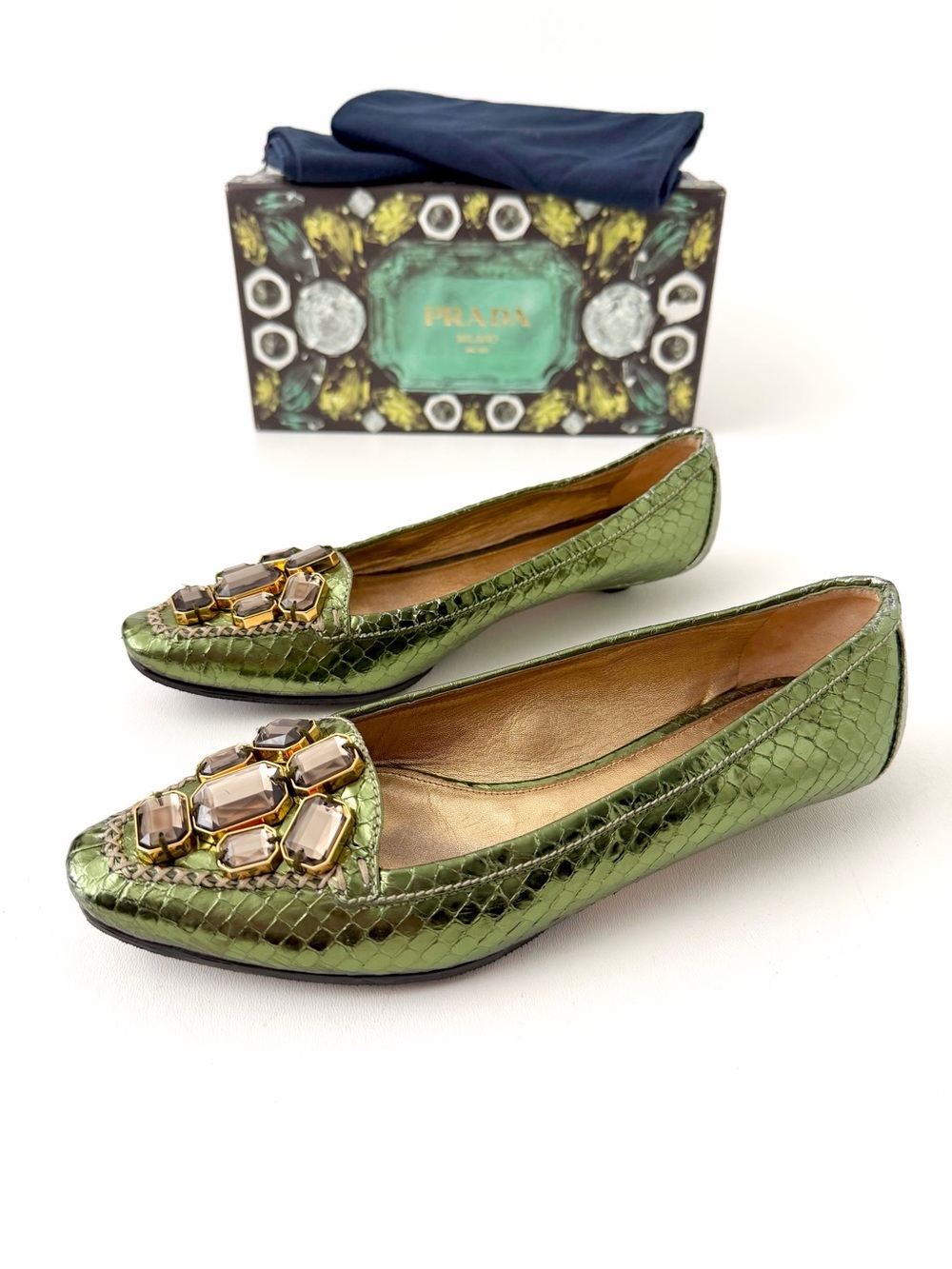 PRADA | Metallic Green Snake-Effect Jeweled Loafer Ballet Flats EU 38.5